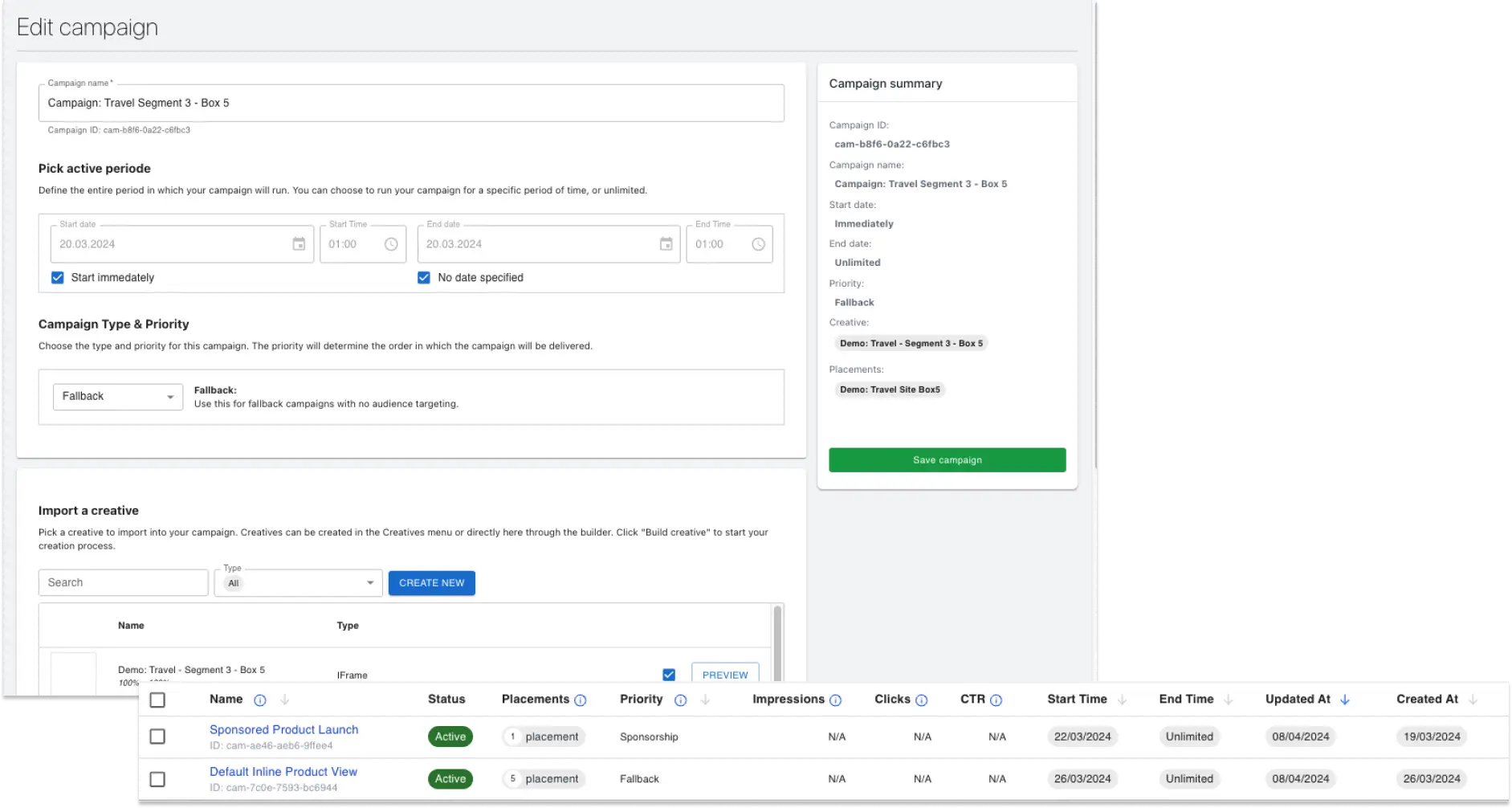 An image showing off the different steps of configuring a campaign in Shopvertize.